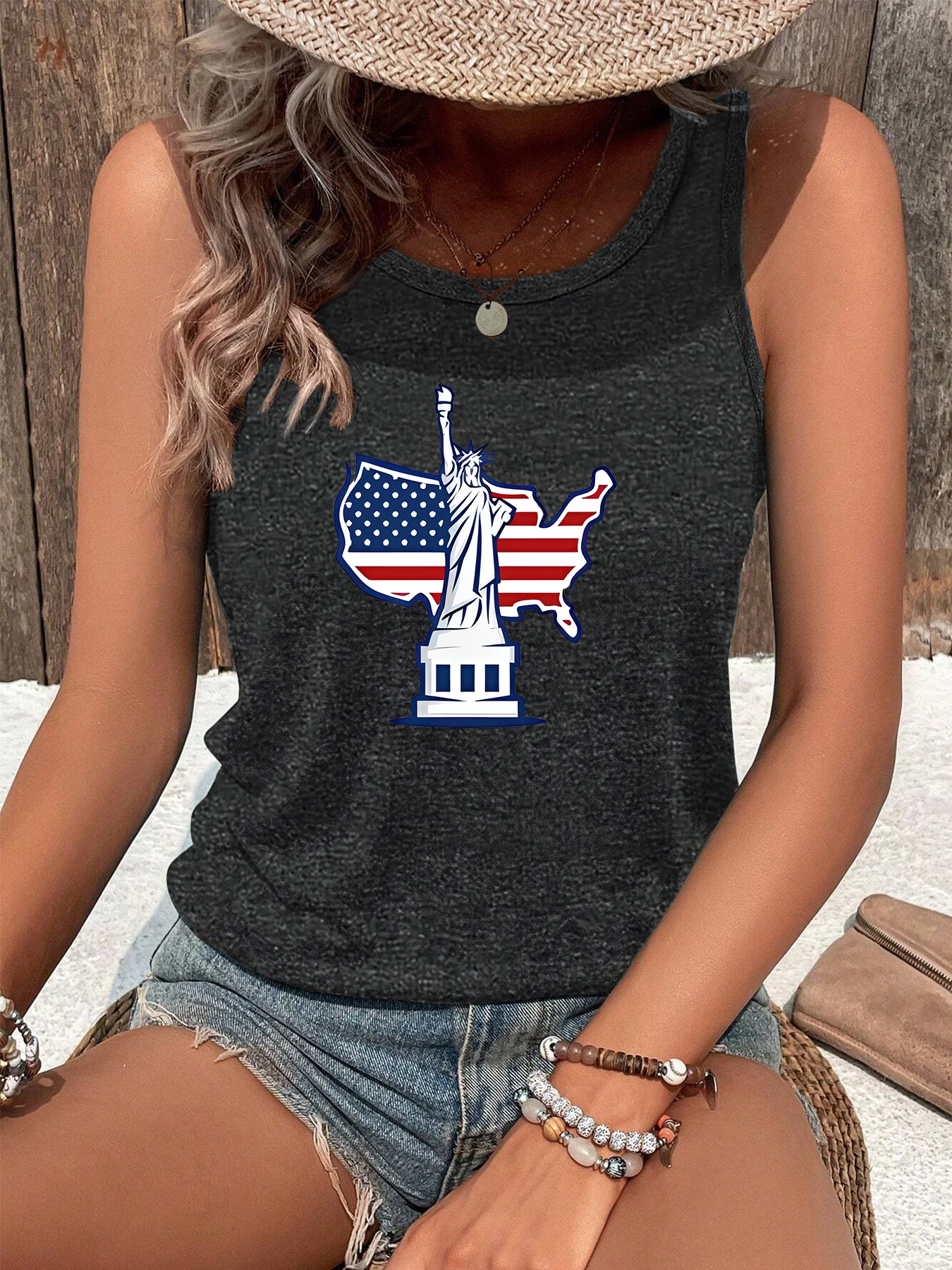 Statue of Liberty American Flag Print Fashion Funny Sports Women's Tank Top Loose O Neck Sleeveless Casual Tank