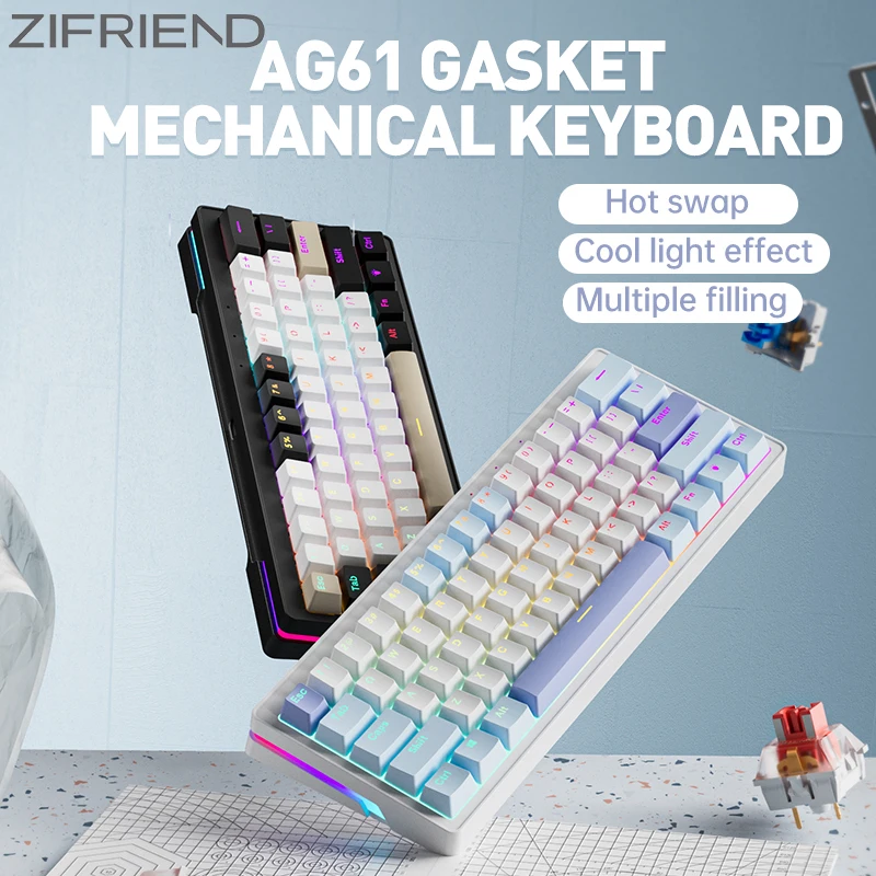 ZIFRIEND AG61 Gasket Wired Mechanical Keyboard with Silent Switch Hot Swap 60% 61 Keys Gaming Keyboard Rainbow RGB