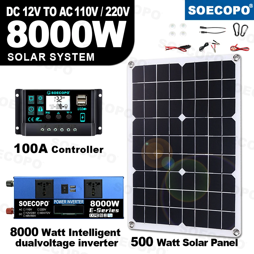 

8000W Solar System DC12V/24V to 110V/220V Off-Grid Inverter System 100A Controller 500W Panel for Home RV Camping CE Certified