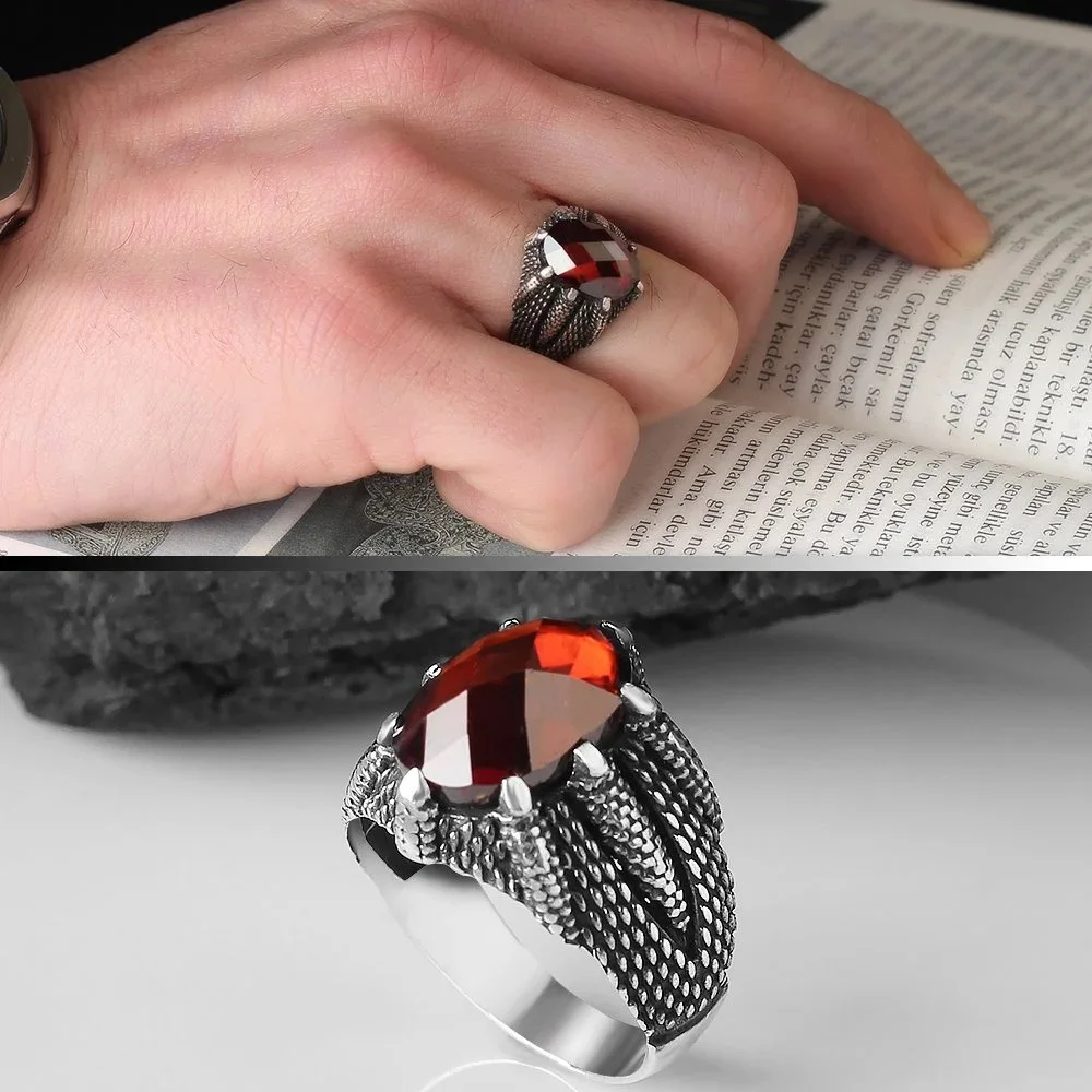 Real 925 Sterling Silver Natural Stone Claw Model Ring For Men Zircon Agate Gemstone Jewelry Fashion Vintage Gift Male Accessory