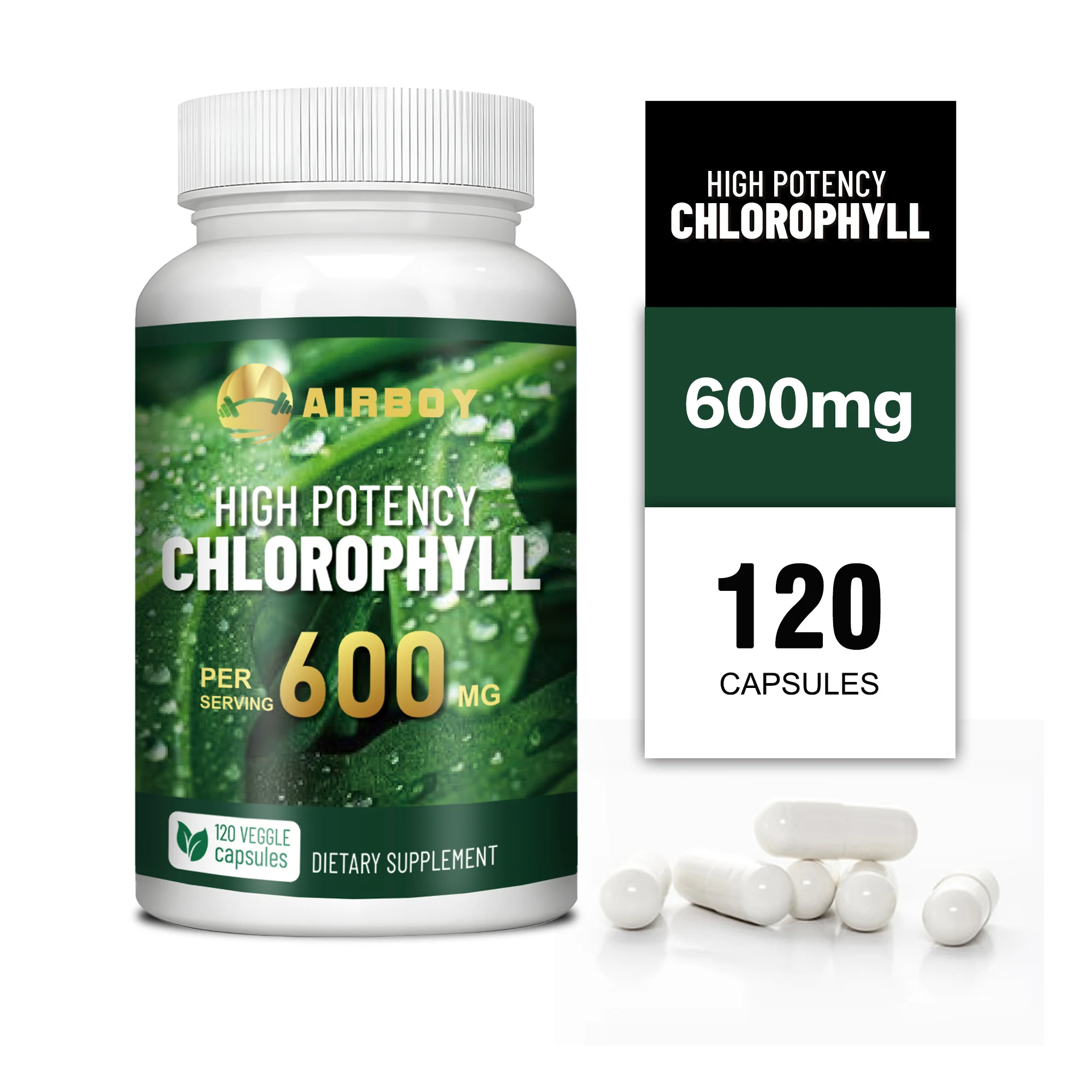 Chlorophyll Capsules 600mg - Skin Health, Remove Body Odor Naturally, Smelling Breath - 120 Capsules