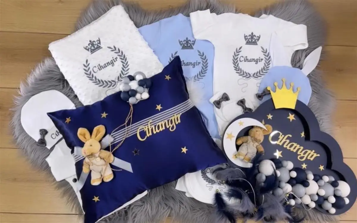 Name Embroidered Navy Blue Rabbit Baby Newborn LED Light Set