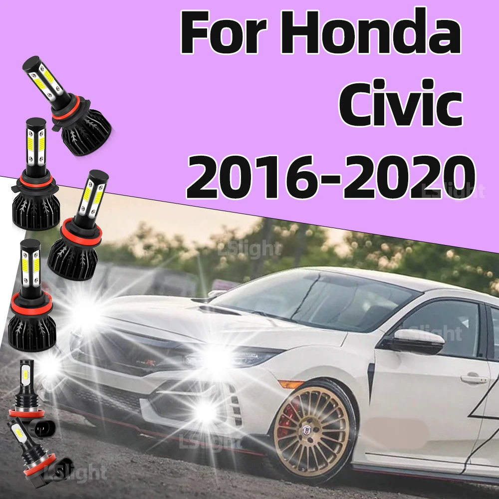 

2/6x светодиодные лампы для Honda Civic 2016 2017 2018 2019 2020, передняя фара автомобиля 20000LM, четырехсторонняя фара, 6000K, 12 В, противотуманные фары