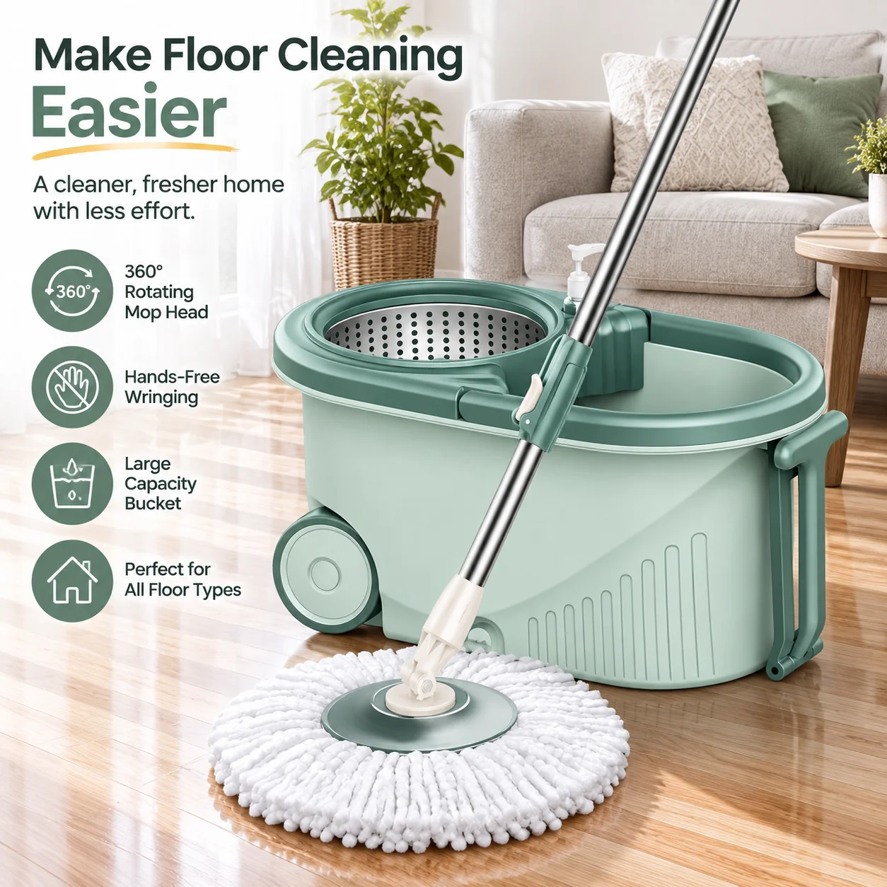 Green Spin Mop and Bucket Set, 360° Rotating Microfiber Mop with Self-Wringing Bucket, Floor Cleaning System for Home, Kitchen & Bathroom