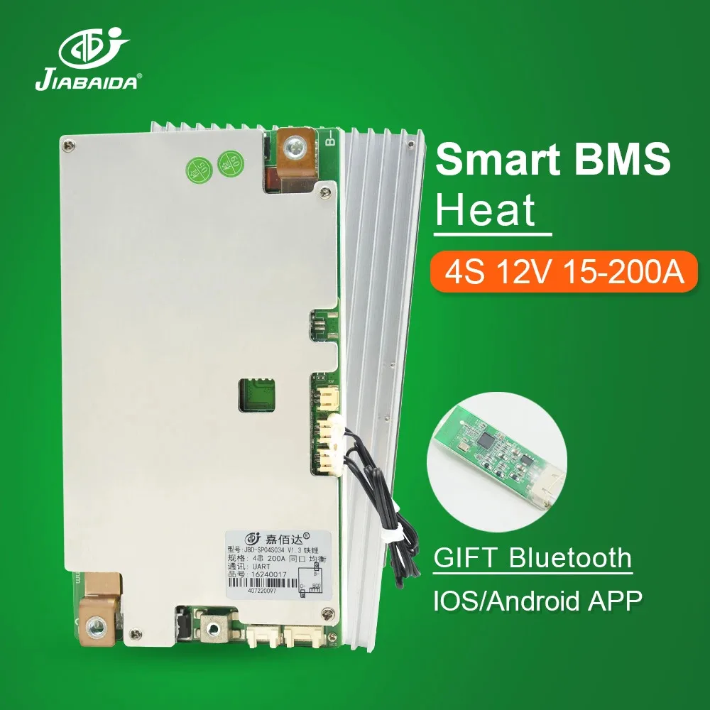 JIABAIDA Smart BMS 4S LiFePo4 3S Li-ion Battery 100A 150A 200A Continuous Current Charge Protect BT Heat UART Balance JBD BMS