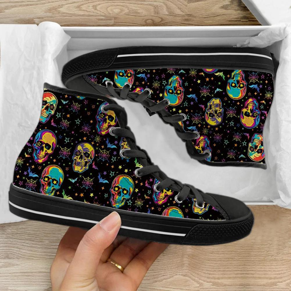 INSTANTARTS Autumn High Top Men's Canvas Shoes Colorful Skull Spider Web Bat Pattern Classic Vulcanization Shoes Board Sneakers