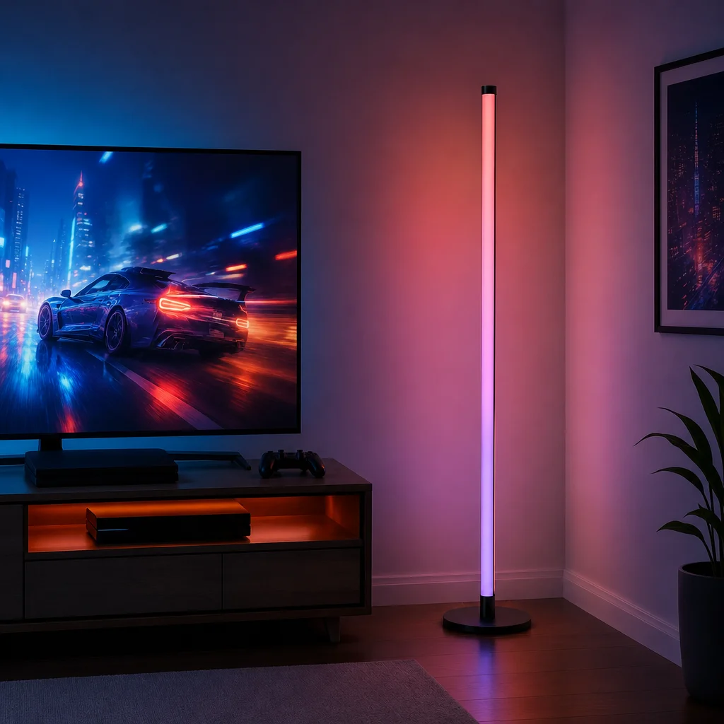 Slimme RGB-vloerlamp voor gaming en tv, hoeklamp met ledverlichting, Bluetooth, app-bediening, afstandsbediening en instelbare helderheid.