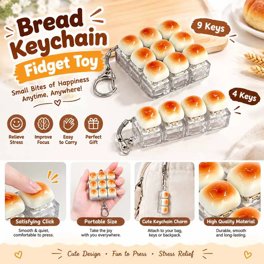 9/4 Keys Caramel Bread Shape Keyboard Fidget Keychain, Crisp Click Sound Stress Relief Pendant, Anti-Anxiety, Office Travel Gift