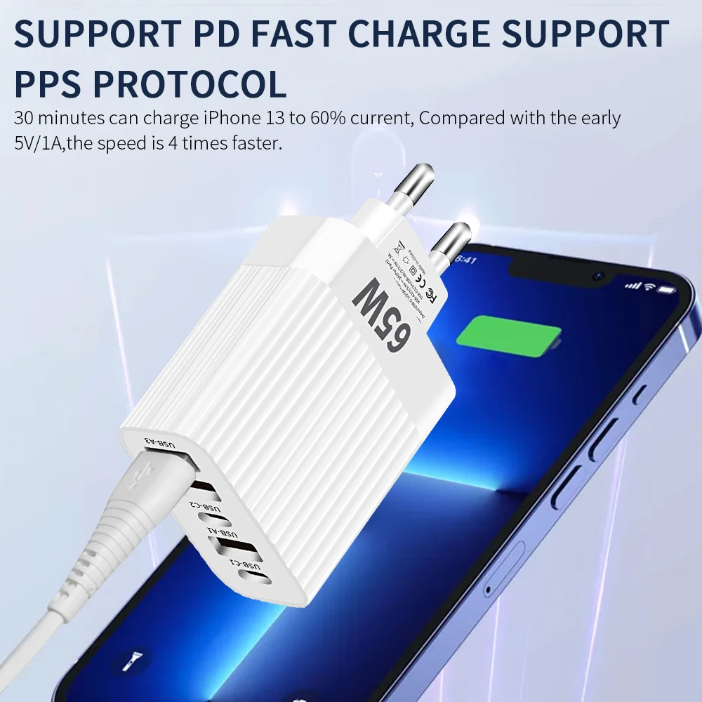 Ładowarka USB 65 W Szybkie ładowanie 5 portów PD Typ C Ładowarka do telefonu Adapter do iPhone Samsung Xiaomi Huawei Wieloportowa ładowarka ścienna