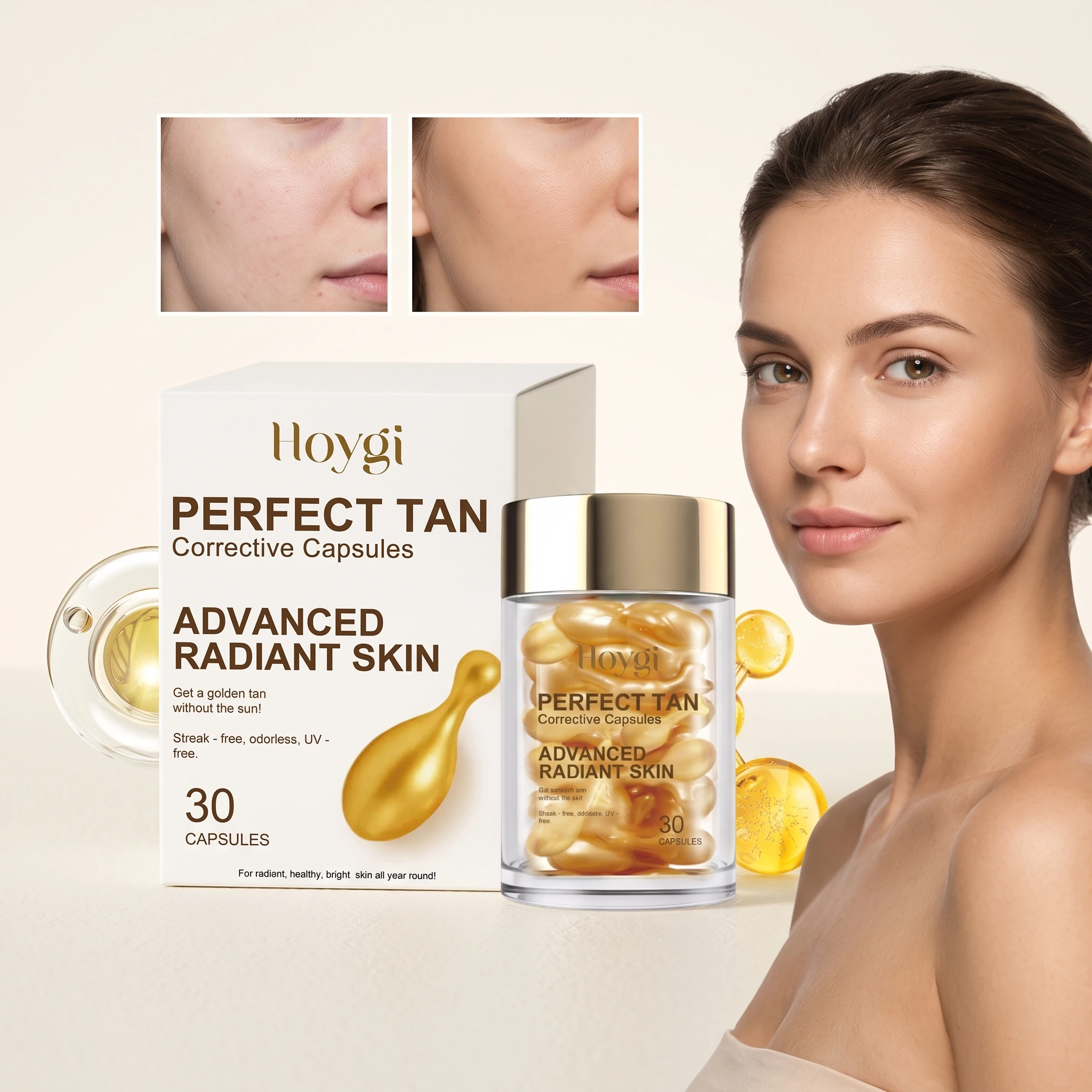 30PCS Body Tanning Serum Capsules Moisturizing Improve Skin Radiance Plumping Enhance Skin Texture Nourishing Pores Non-sticky Sunless Tanning Serum Summer Outdoor