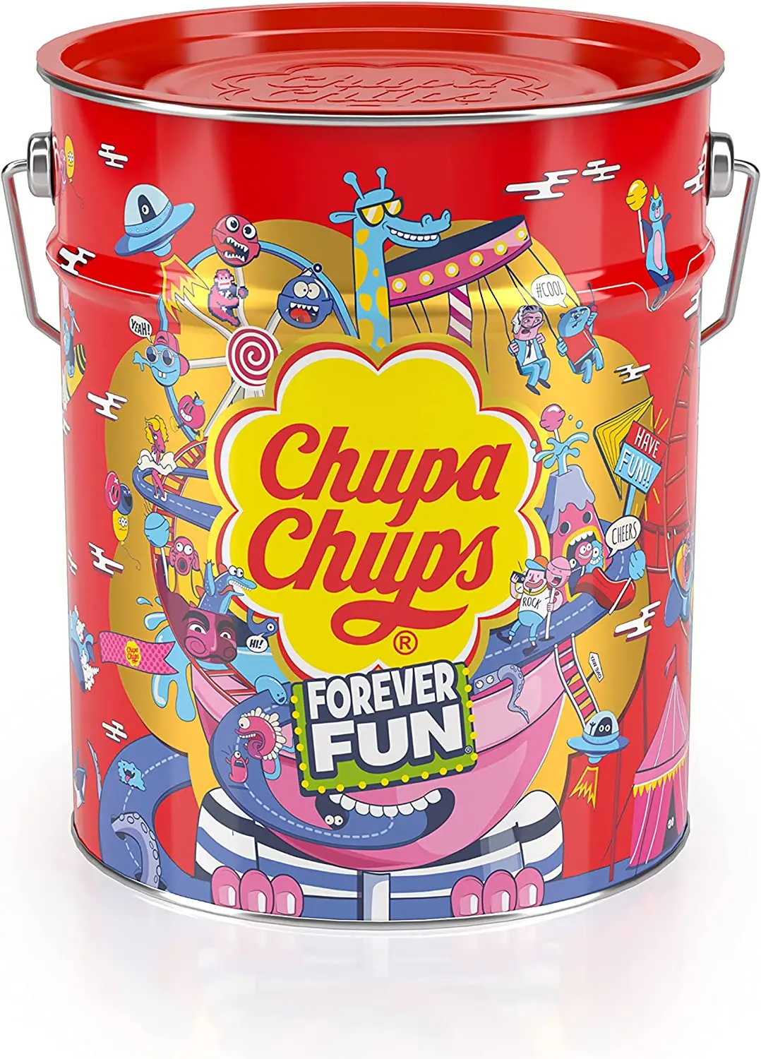 Caixa de bombom metálica sortida com bastão, com forma cilíndrica e tampa, laranja morango, cola, melancia, maçã, cereja, 150 unid