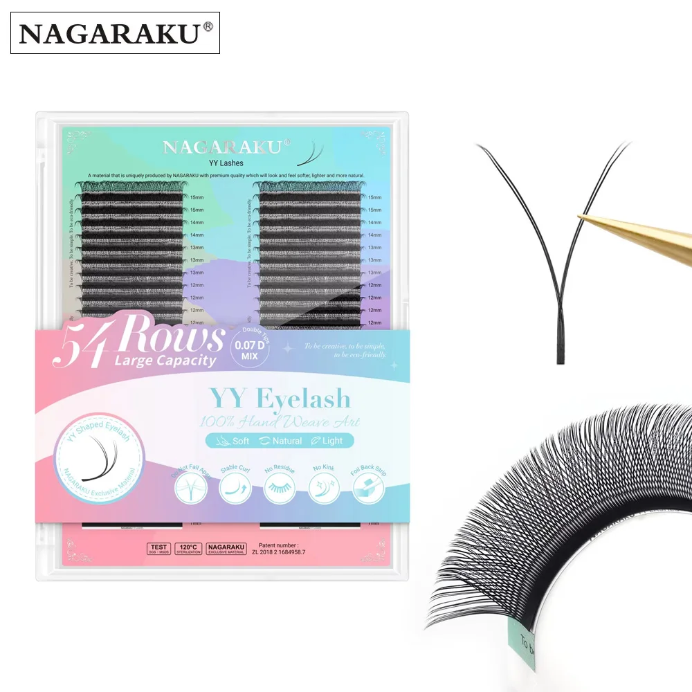 NAGARAKU 6480fan YY Estensioni ciglia Ad alta capacità 54 file Tessuti a mano Tecnologia a rete a forma di Y Cluster sottile Nero opaco
