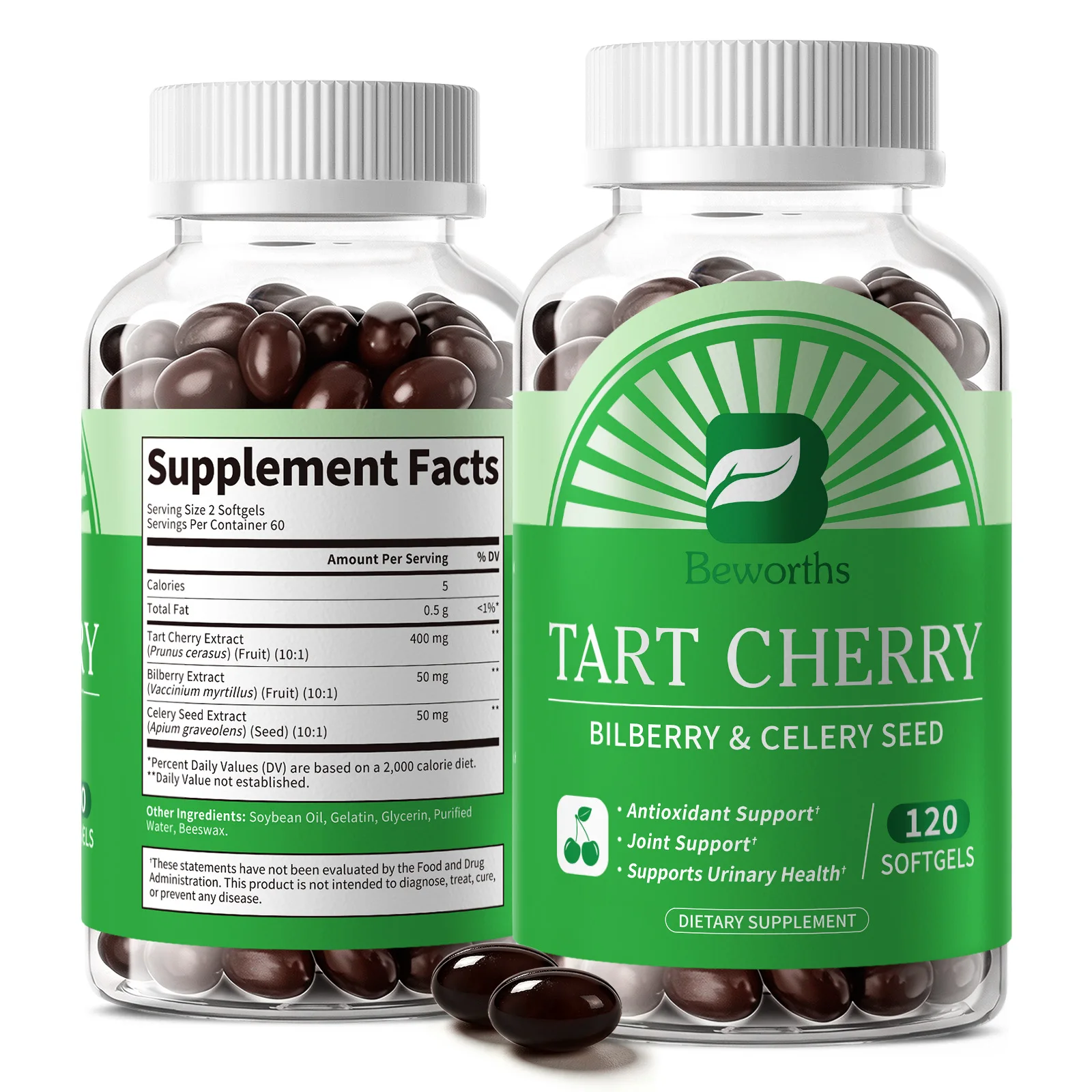 BEWORTHS 400mg Tart Cherry Extract Capsules with Celery Seed Joint ,Muscle& Sleep Health Support Uric Acid Cleanse Urinary Health Support