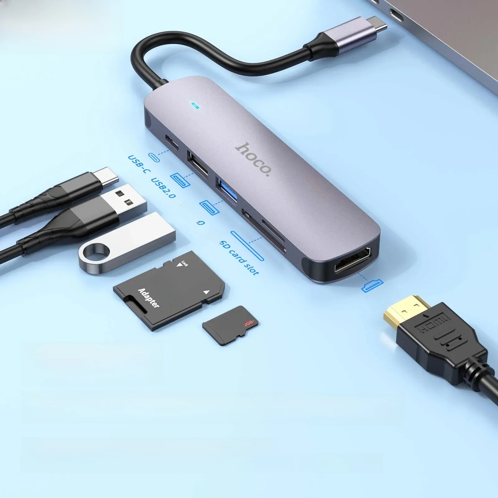 HOCO USB C HuB Type C to USB 3.0 2.0 Adapter PD60W Dock For MacBook Pro Air HDMI-Compatible Splitter 4K 30HZ HDTV OTG Adapters