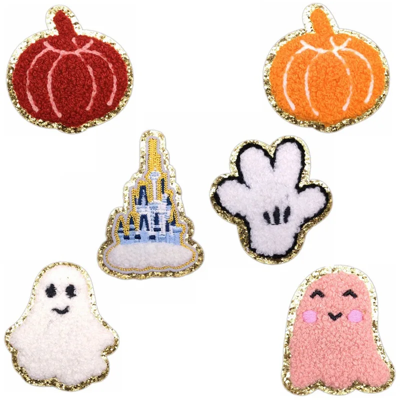 

Stick On Halloween Ghost Pumpkin Castle Towel Embroidery Patches For Clothes DIY Sew on Bags Clothes Applique Glitter Edge