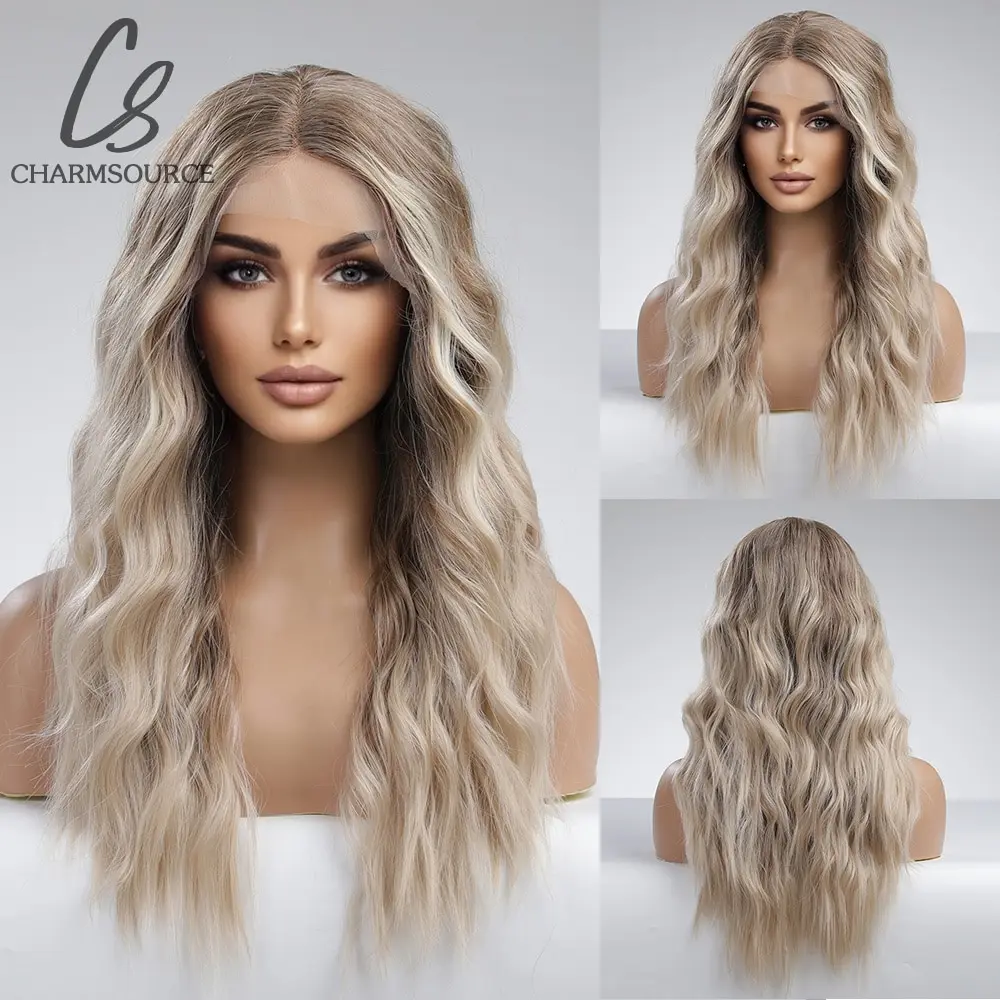 

CharmSource Long Brown Ombre Blonde Hair Body Wavy Front Lace Wigs Synthetic for White Black Women Daily Use Wig High Density