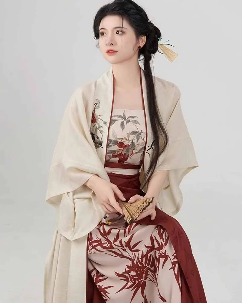 

Chinese Hanfu Dress Women Cosplay Costume Vintage Ancient Song Dynasty Printed Khaki with Red 3pcs Set Party Outfit Hanfu Dress