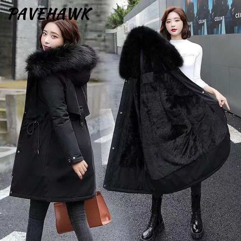 Women Winter Parka Warm Hooded Long Sleeve Zipper Thick Jackets Fur Collar Fleece Drawstring Long Coat Casual Streetwear Outwear