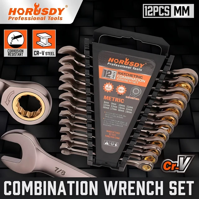 HORUSDY 12-częściowy zestaw kluczy grzechotkowych Klucze metryczne ‎ ‎ Niklowanie 8-19MM
