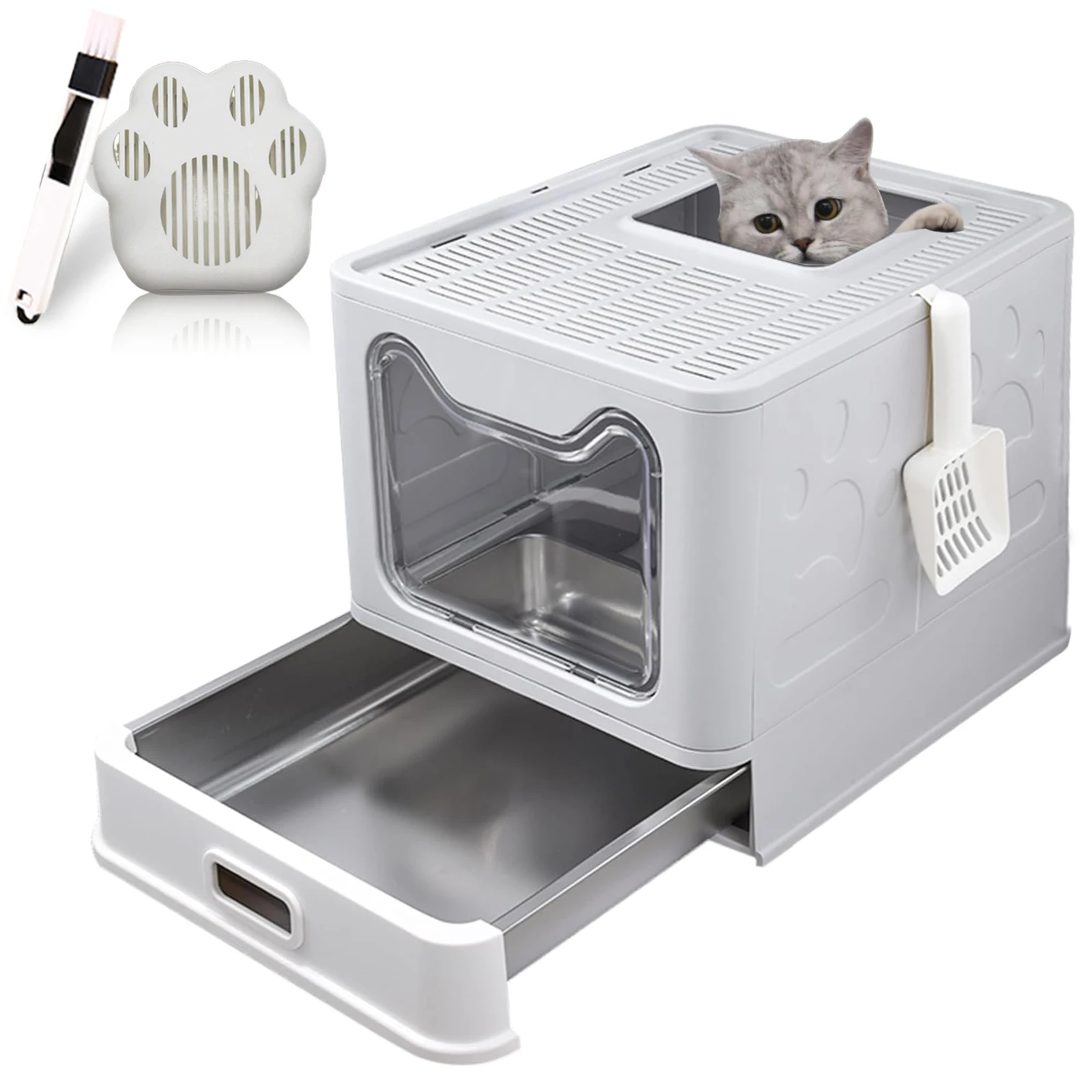 LEEJARD Katzenklo mit Deckel, ausziehbares Edelstahl Tablett und Katzenklo Schaufel, hop in Katzenklo XXL Katzentoilette geschlossen geräumig katzenklo groß.