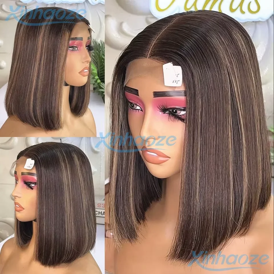 

Dark Brown Thin Line Blonde Highlight Human Hair Short Bob Wigs Glueless 5x5 Silk Base Closure Wigs 13x6/360 Full Lace Bob Wigs