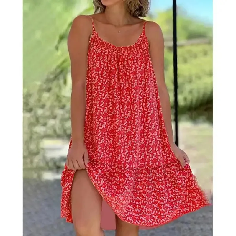 Elegant Shattered Causal O Neck Women Floral Print Dress Sexy Spaghetti Strap Ruffles Boho Loose Beach Mini Dress Women Clothing