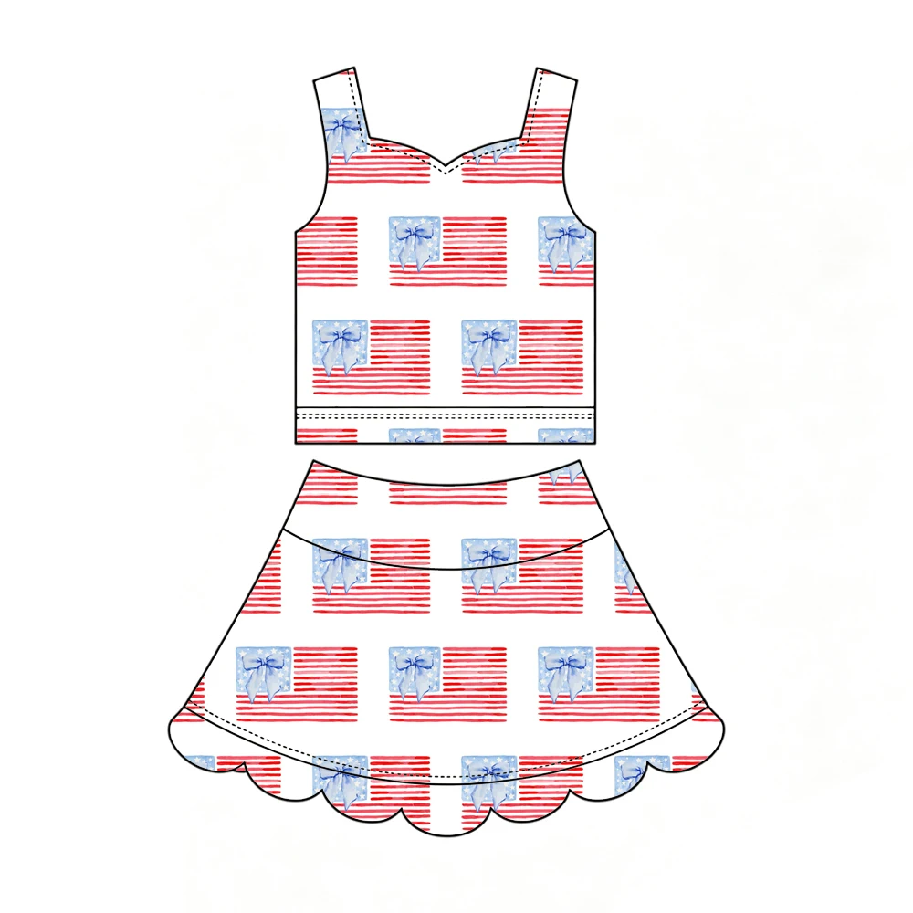 Hot-selling girls' outfit tank top paired fan-shaped short skirt and July 4th print custom wholesale