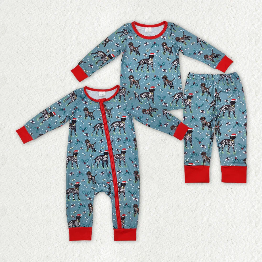 Match Toddler Christmas Puppy Red and Green Long Sleeve Pajama Set Romper  Wholesale Boutique Fashion Children Brother Clothing