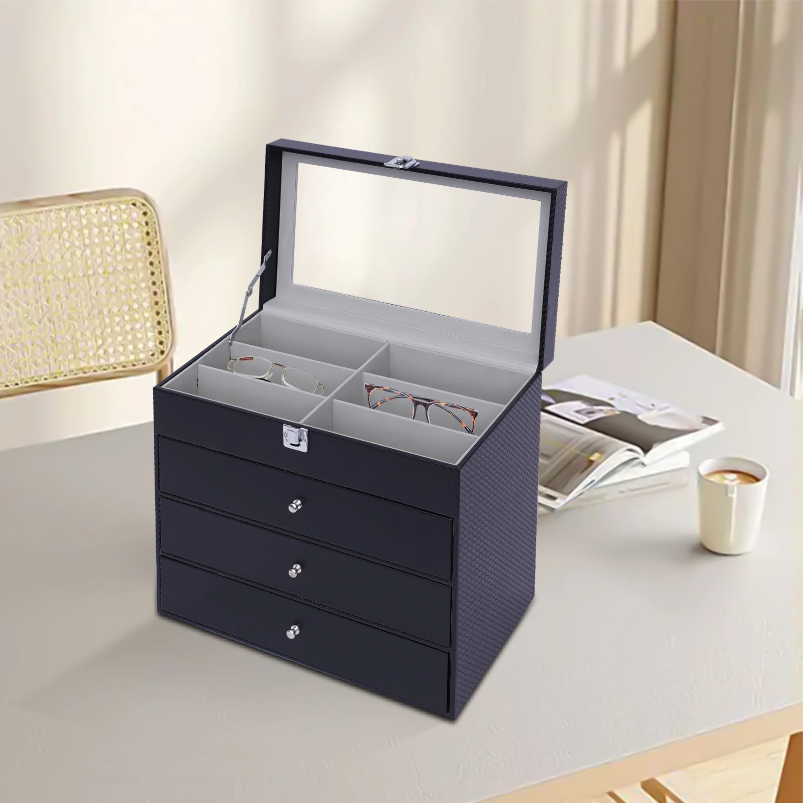 

4 Layers Black 24-Slots Multiple Glasses Organizer Eyeglass Sunglass Storage Box Display Holder for Storing Glasses, Bracelets