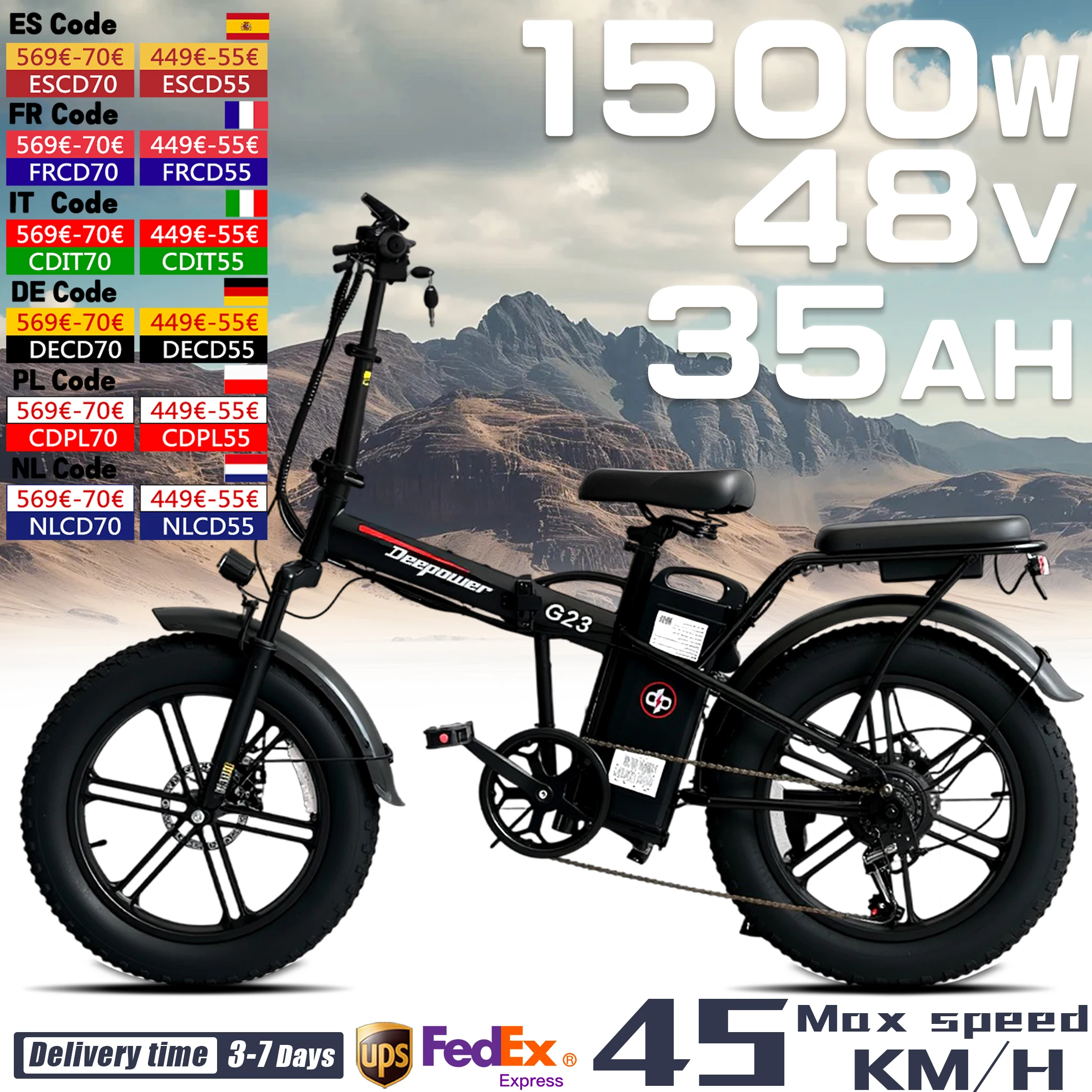 DEEPOWER G23 1500W moteur vélo électrique 48V 35AH batterie Ebike pliant montagne vélo électrique extérieur 7 vitesses adulte vélo