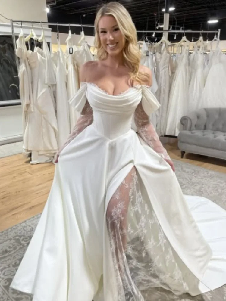 Boho A-line Wedding Dresses Off Shoulder Woman's  Sexy Side Split Floor Length Bridal Gowns Vestidos De Novia Customized