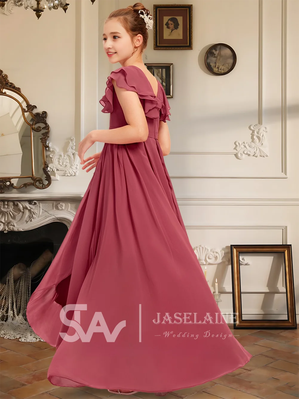 A Kids A Line V Neck Floor Length Chiffon Junior Bridesmaid Dress With Bow Short Sleeve Flower Girl Dress Wedding Party Formal