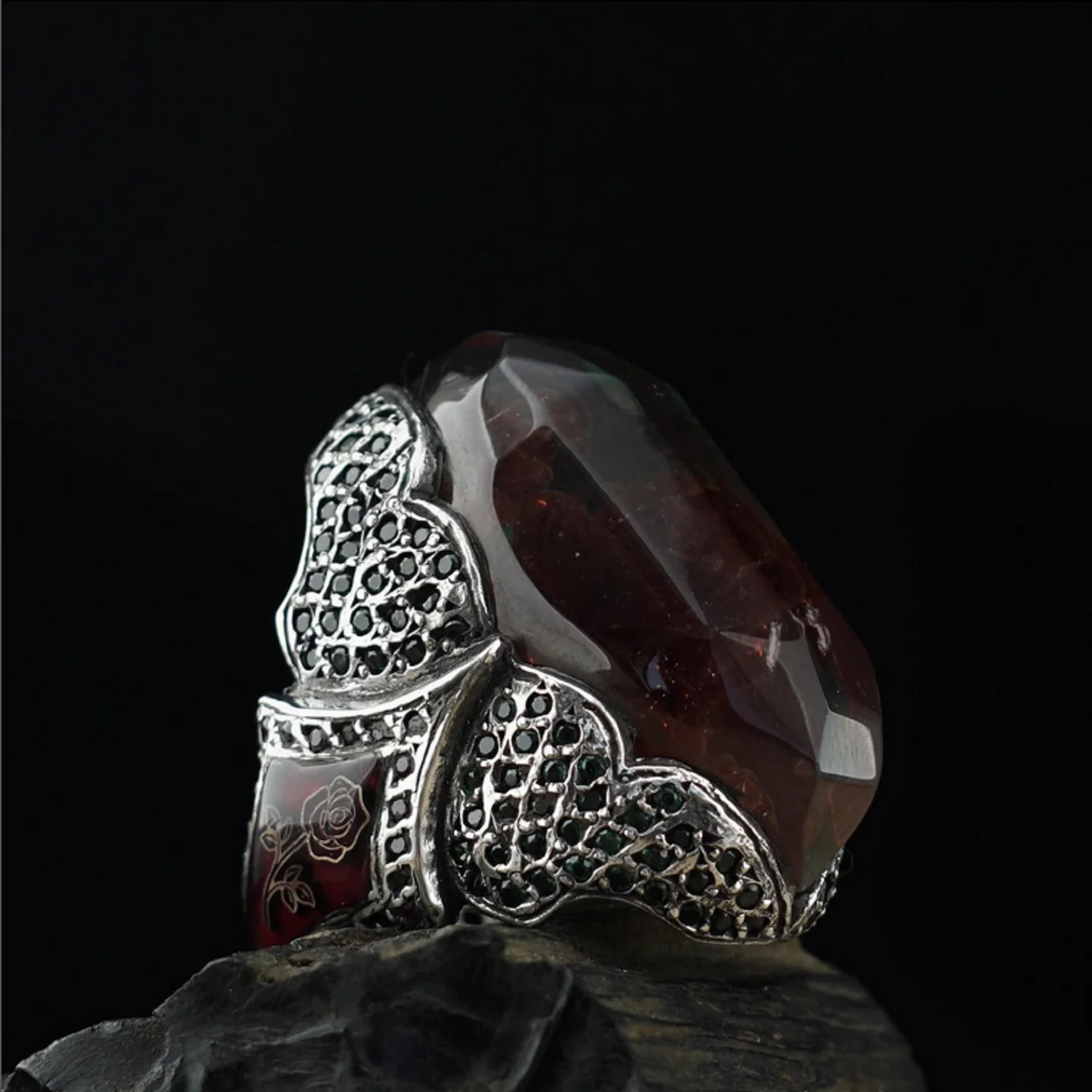 Rose Patterned Gülistan Silver Ring Ottoman Wonders Embellished with Turkish Handmade Micron and Garnet Stones Representation