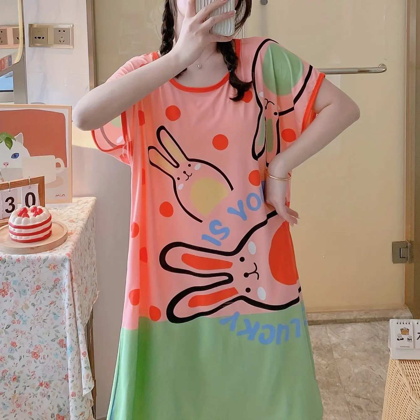 Cute Cartoon Slogan Printed Pajamas Short Sleeve Nightgown Girls Style Student Dress Plus Size Ladies Summer Knee Length Dresses