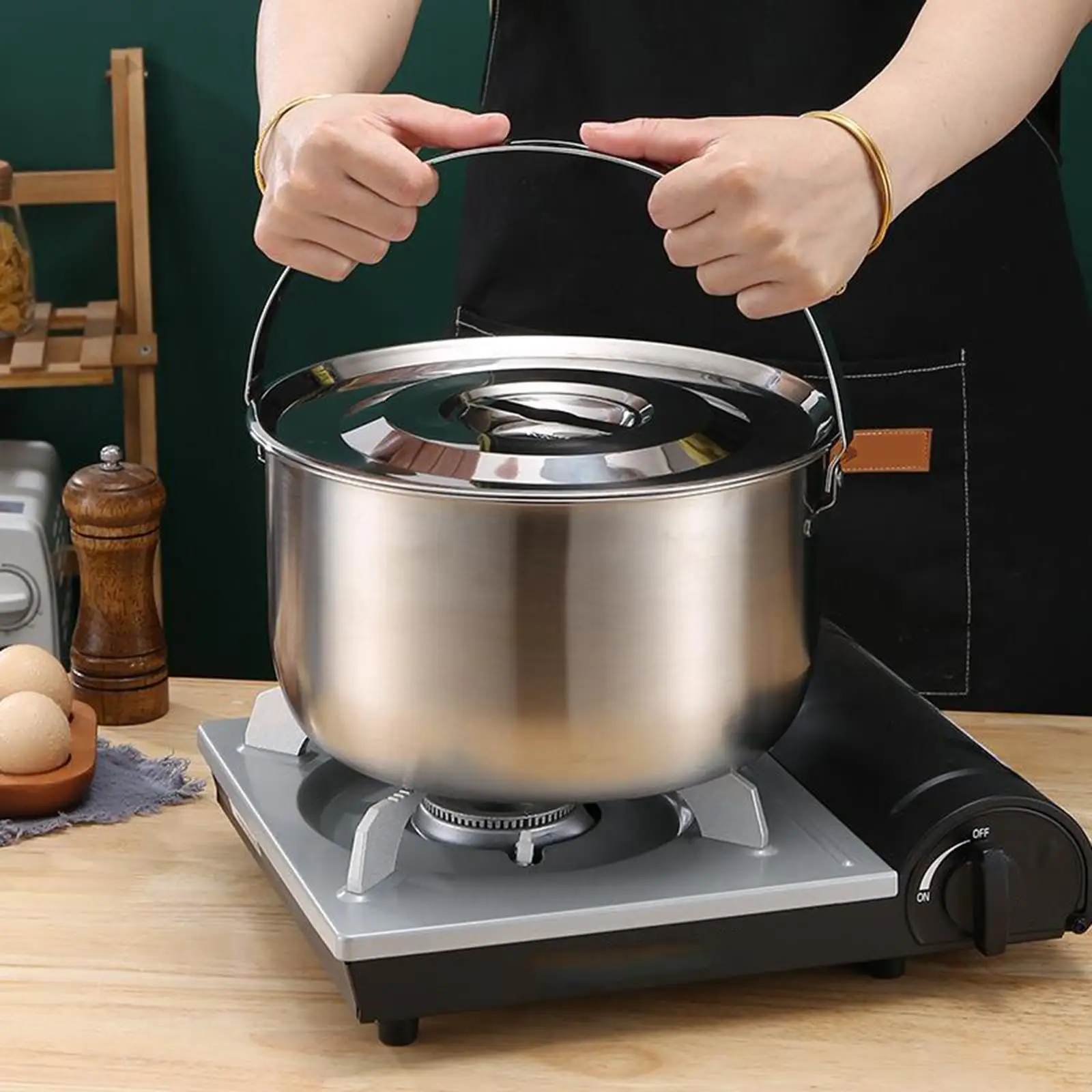 304 SUS وعاء التخييم في الهواء الطلق مع مقبض وغطاء معلق تجهيزات المطابخ التخييم دائم متعدد الوظائف تبخير ، غليان ، وعاء المقلاة