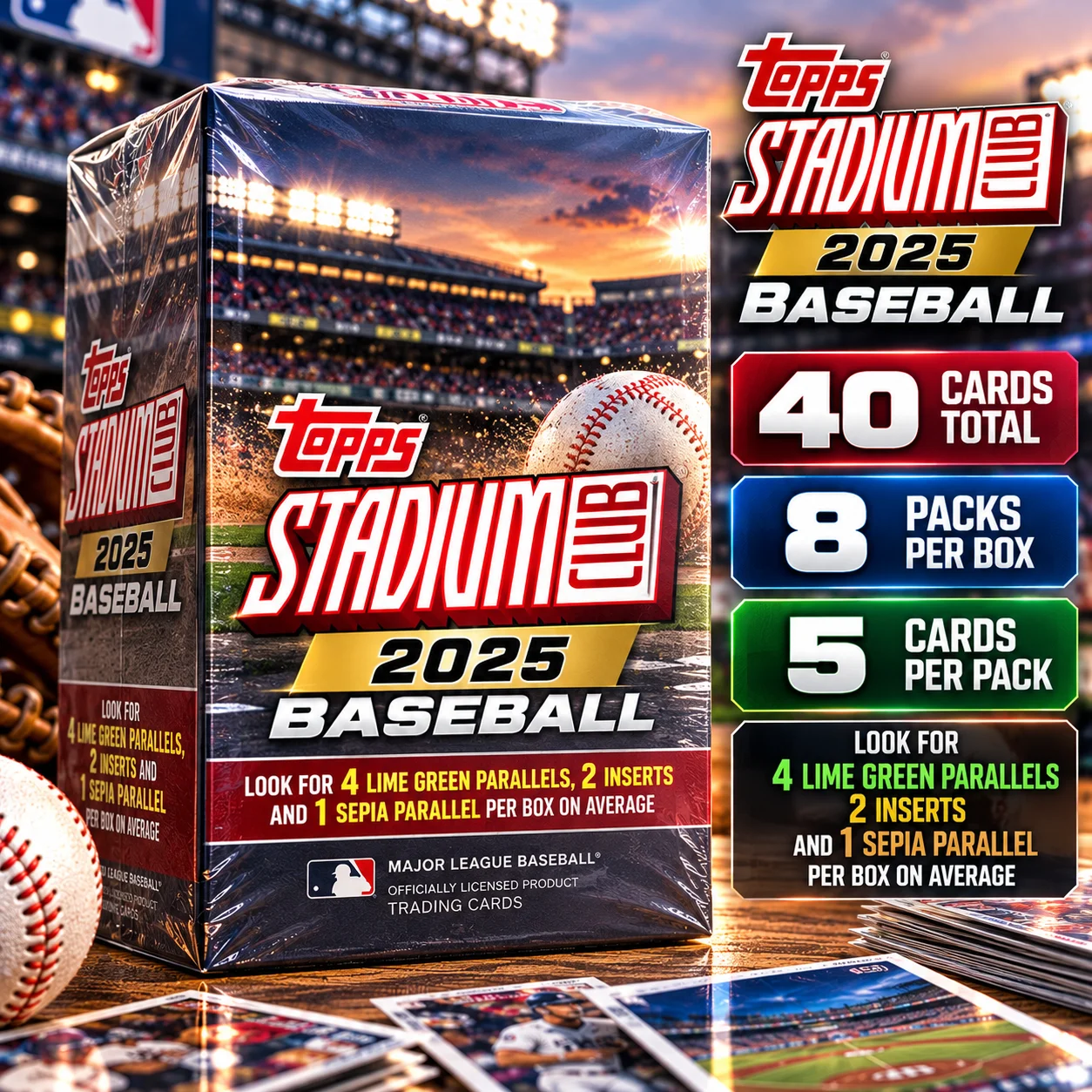 40 Cards 2025 Topps Stadium Club Baseball Blaster Box – Factory Sealed MLB Trading Cards, 8 Packs Per Box, 5 Cards Per Pack, Look for Lime Green & Sepia Parallels, Special Inserts, Premium Baseball Card Collection for Collectors