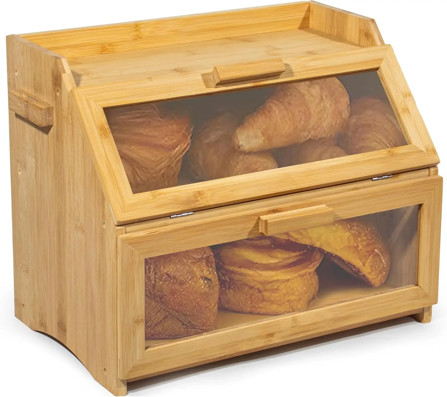 Brotkasten Bambus mit Sichtfenster und Belüftung, Große 2 Etagen Brotbox 39 × 25 × 32 cm, Holz Brotbehälter für Brot Brötchen Croissants Küche