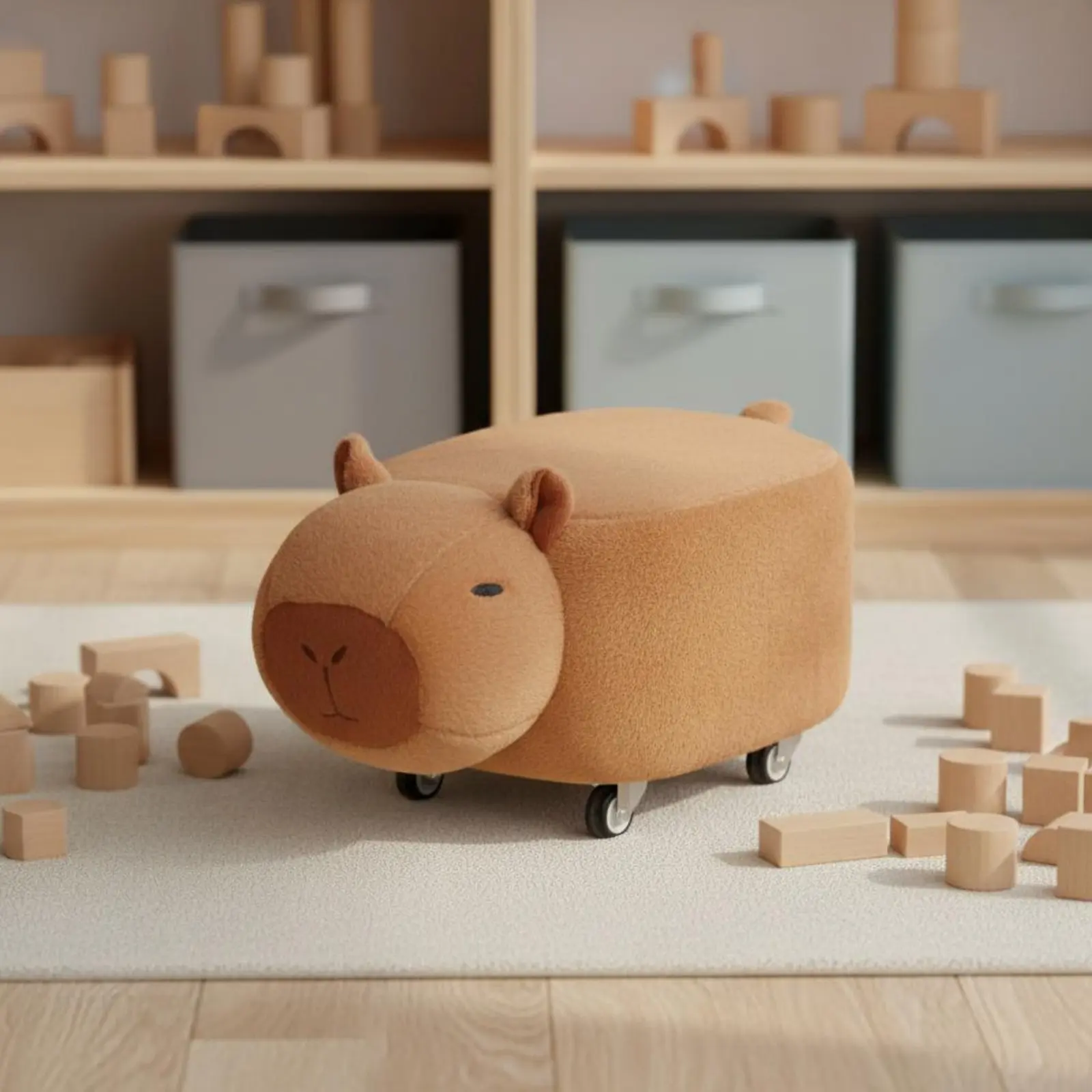 Capybara Foot Stool Wheeled Capybara Soft-Covered Soft Velvet Cover Animal Ottoman Seat for Children Living Room Entryway