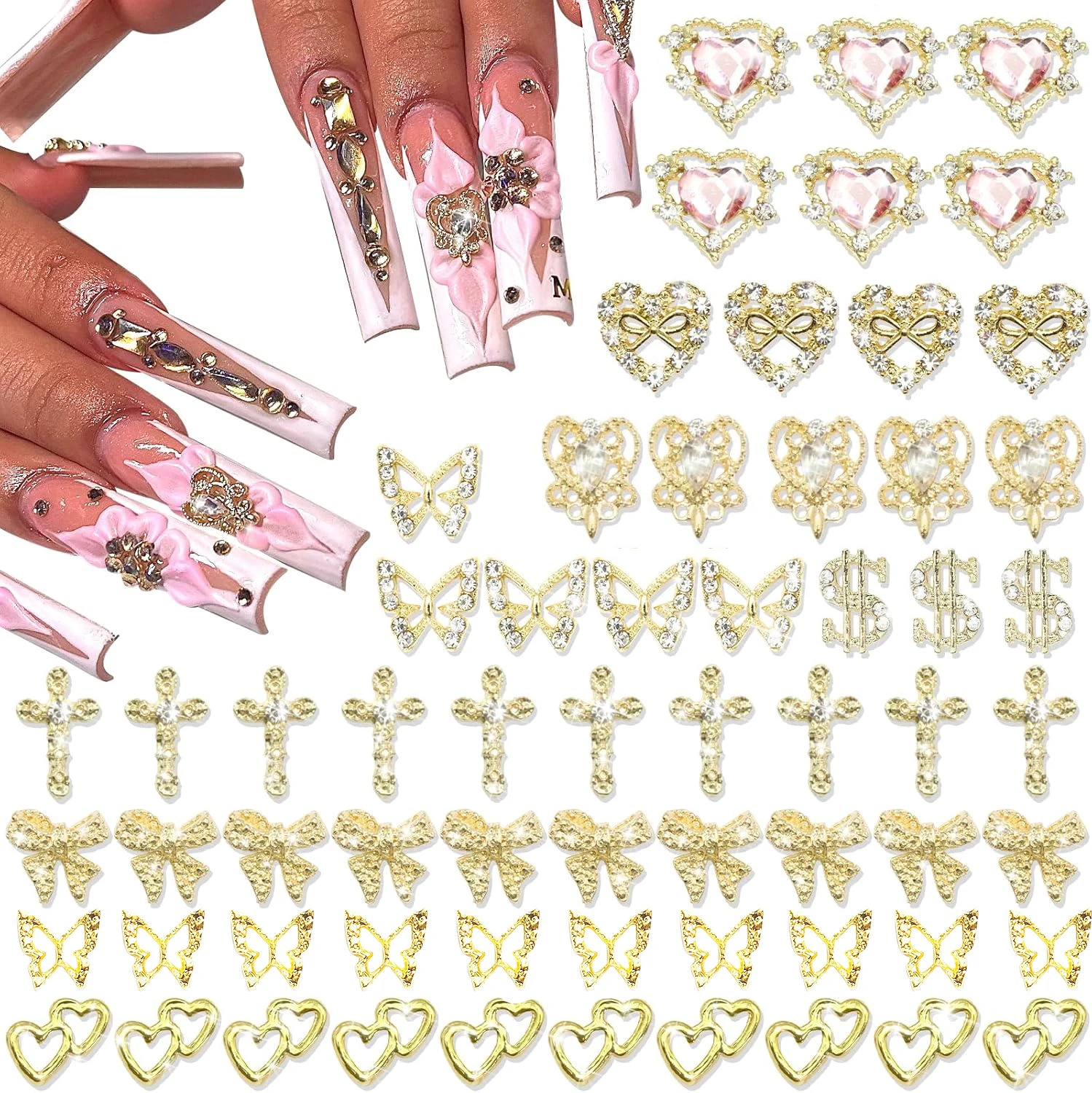 80PCS Gold Nail Charms 12 Shapes Gold Heart Nail Charm 3D Butterfly Nail Charms Alloy Gold Nail Crosses Shiny Money Sign