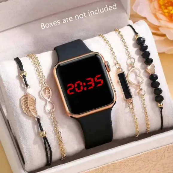 5-Piece Set of Fashionable and Simple Electronic Watches, Paired with a Feather Series Bracelet Set, Without Smart Features, Exquisite Birthday Gift, Delicate and Cute, Suitable for Girls/Boys, Casual and Versatile, Ideal Choice as a Gift