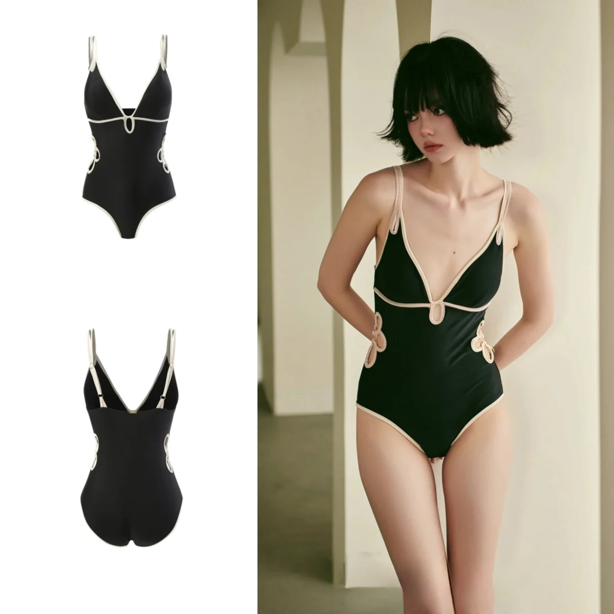 [Secret One] Black Flower Body Cover Monokini one piece swimsuit Suit, Hocance Look, Vacation Swimming Suit