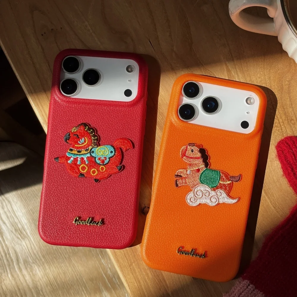 

Fashion leather embroidered pony phone case for 17 16 ProMax 14 15 Pro Fundas simple creative personality new shock-proof Fundas