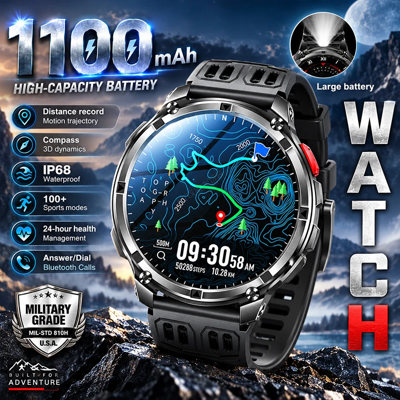 Nouvelle montre intelligente avec batterie intégrée de grande capacité 1100mAh, écran large de 1,7 pouce, lampe de poche, boussole, étanche IP68, appels Bluetooth, montre intelligente de sport pour hommes.