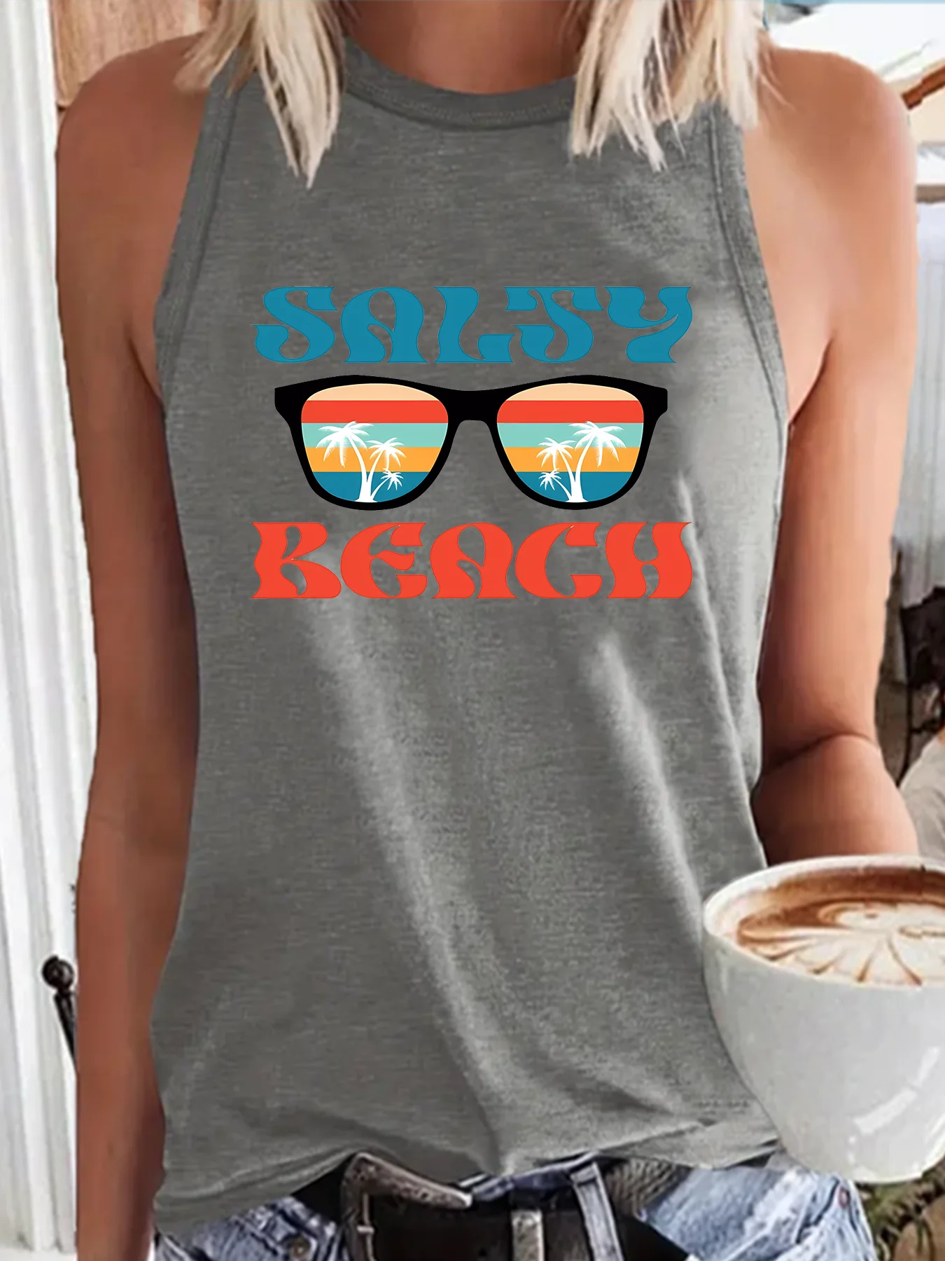 Funny Salty Beach Sunglasses Coconut Tree Summer Fashion Funny Sports Women's Tank Top Loose O Neck Sleeveless Casual Tank Top