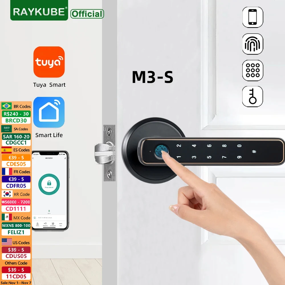 

RAYKUBE M3-S Tuya BLE умный дверной замок с отпечатком пальца электронный замок с паролем/ключом/Smartlife/Tuya приложение удаленная разблокировка для спальни