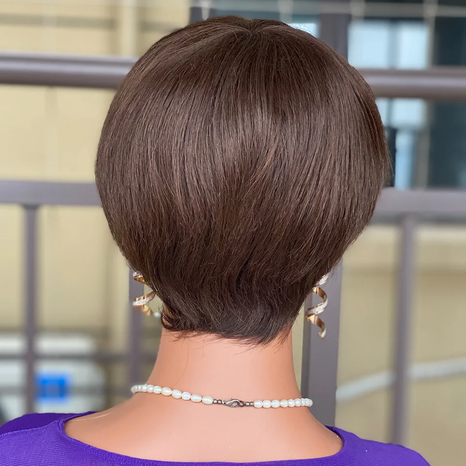 Color Brown Short Pixie Cut Wig Straight Human Hair Wigs With Bangs Brazilian Remy Hair Full Mahine Made Wigs Density 150%