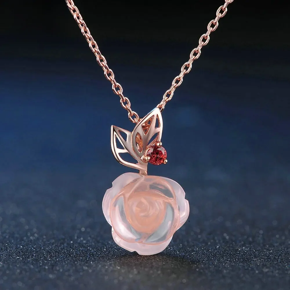 LAMOON Rose Flower 925 srebro naszyjnik różowy kamień kwarcowy naszyjniki 18K Rose pozłacane Fine Jewelry LMNI025 — zdjęcie 2