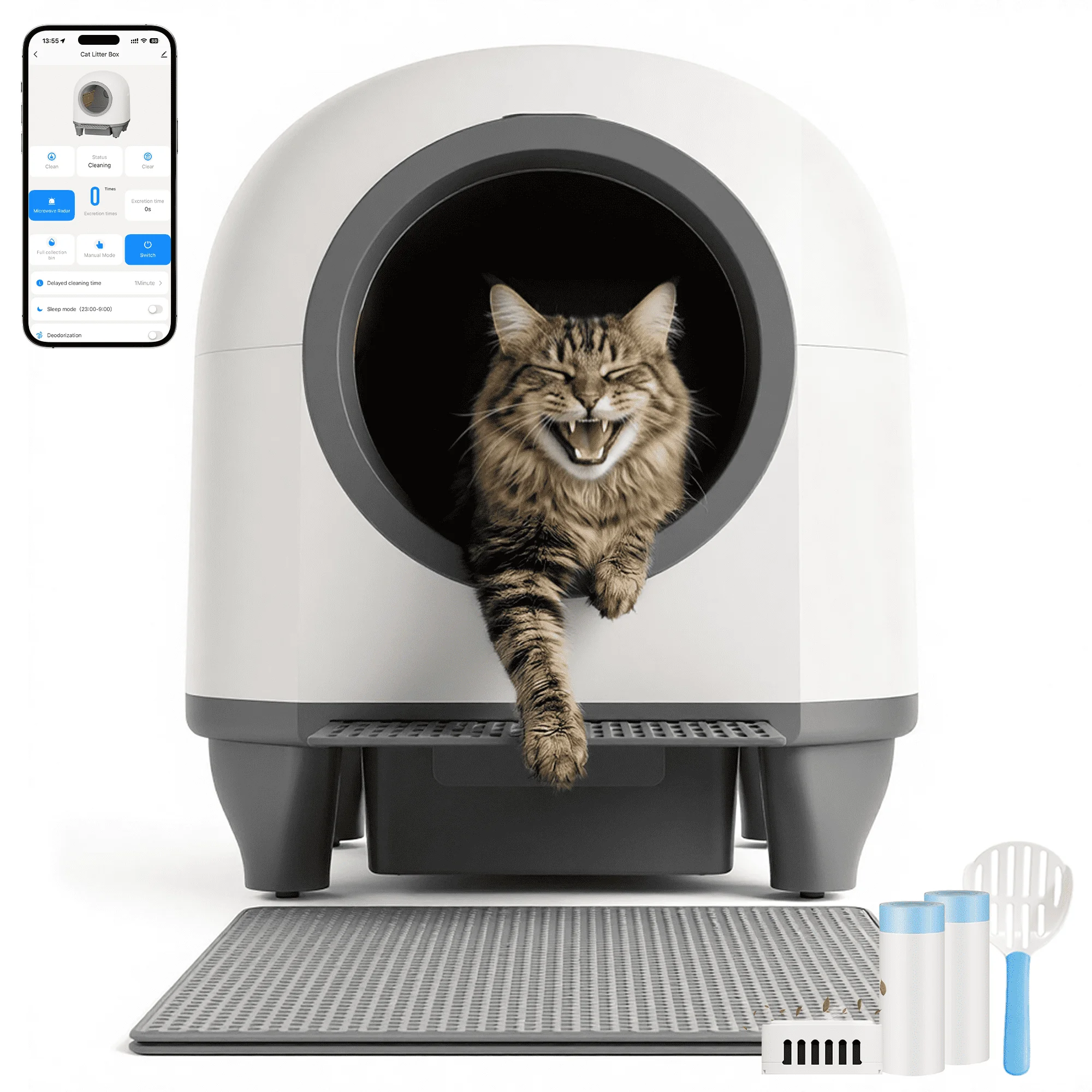 HOMALL 90L kattenbak van de premiumklasse met intelligente bediening, meerdere veiligheidsvoorzieningen en afstandsbediening via app.