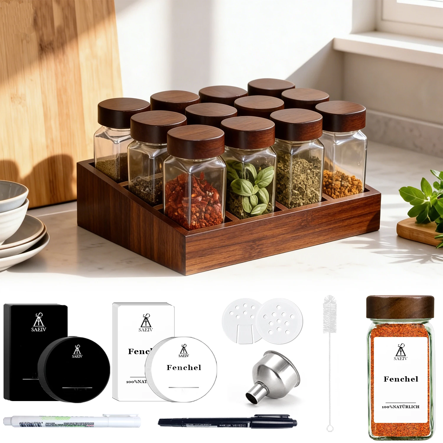 Set mit 12 oder 24 Gewürzgläsern aus Glas, inklusive Holz-Aufbewahrungsregal, luftdichte quadratische Gewürzgläser mit Holzdeckeln, Küchen-Aufbewahrungsregal