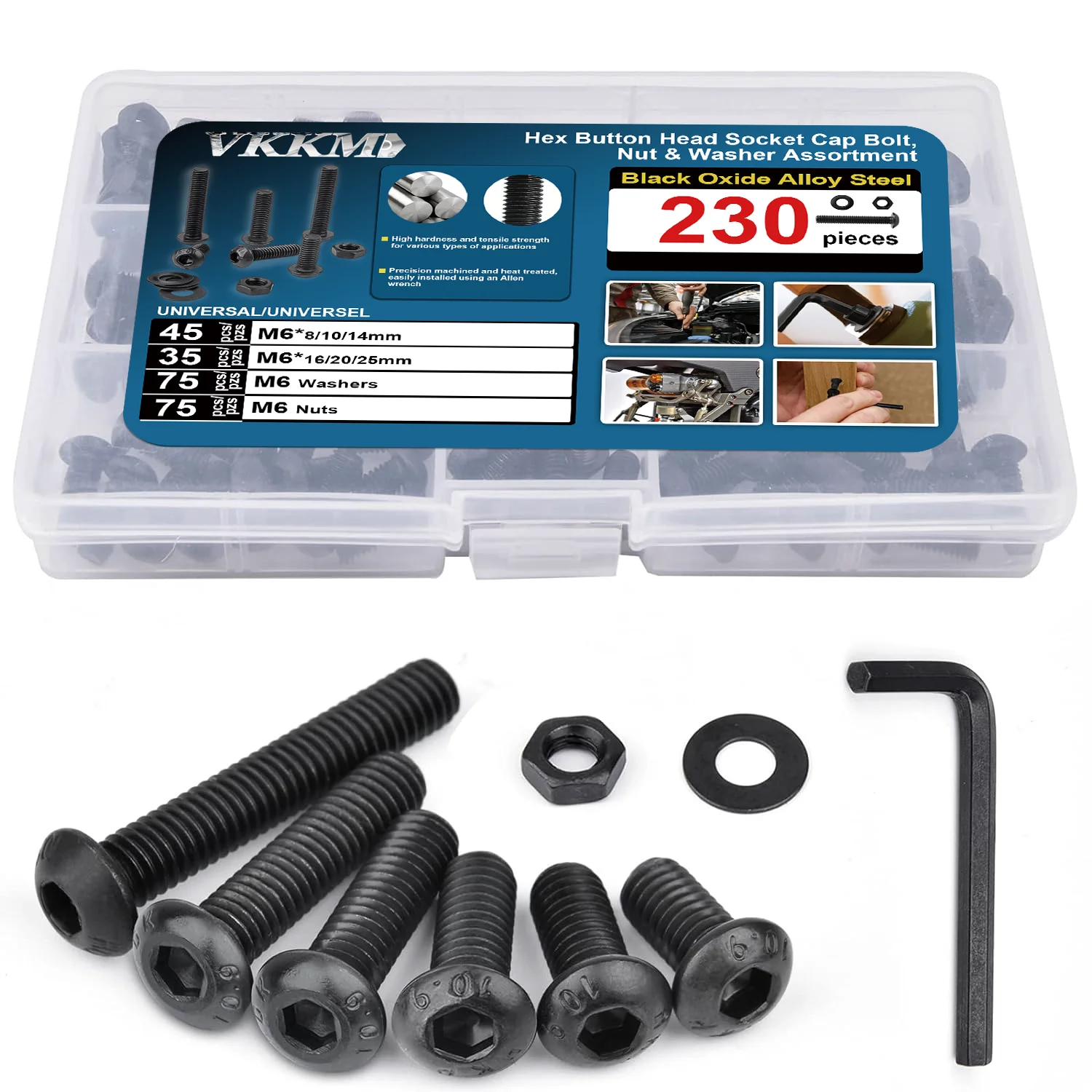 

VKKM 230 pcs M6 Hex Button Head Socket Cap Bolt Assortment Kit/Screws, Nuts & Washers Set/Black Oxide, M6 x 8/10/14/16/20/25mm